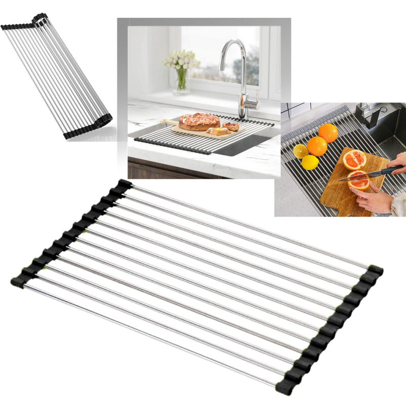 Roll-up stainless steel drainer for dishes and food