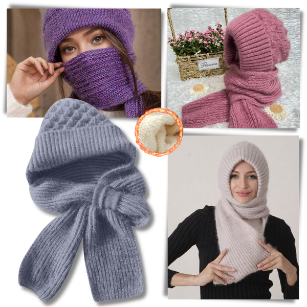 Windproof Knitted Hooded Hat with integrated Scarf and Ear Protection